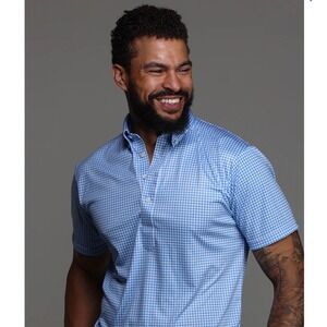 Collars & Co Men Size Medium Dress Collar Polo Blue Gingham Performance NWT